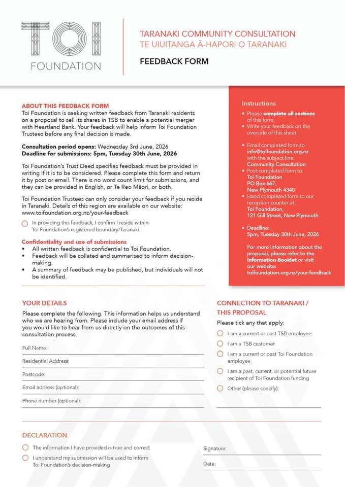 The TOI Foundation Trustees have told the public the only way they can accept any feedback about the TSB Bank merger is by sending a submission. Attached is how to do that.