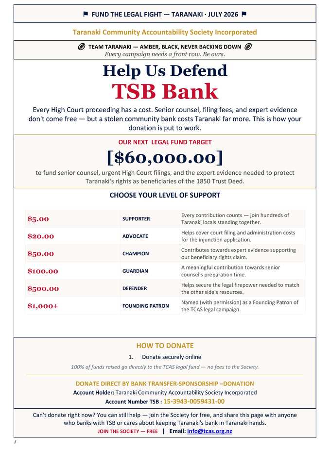 A new society in Taranaki is attempting to get a court injunction to halt the sale of the TSB Bank. Are you able to help ? (Part One)